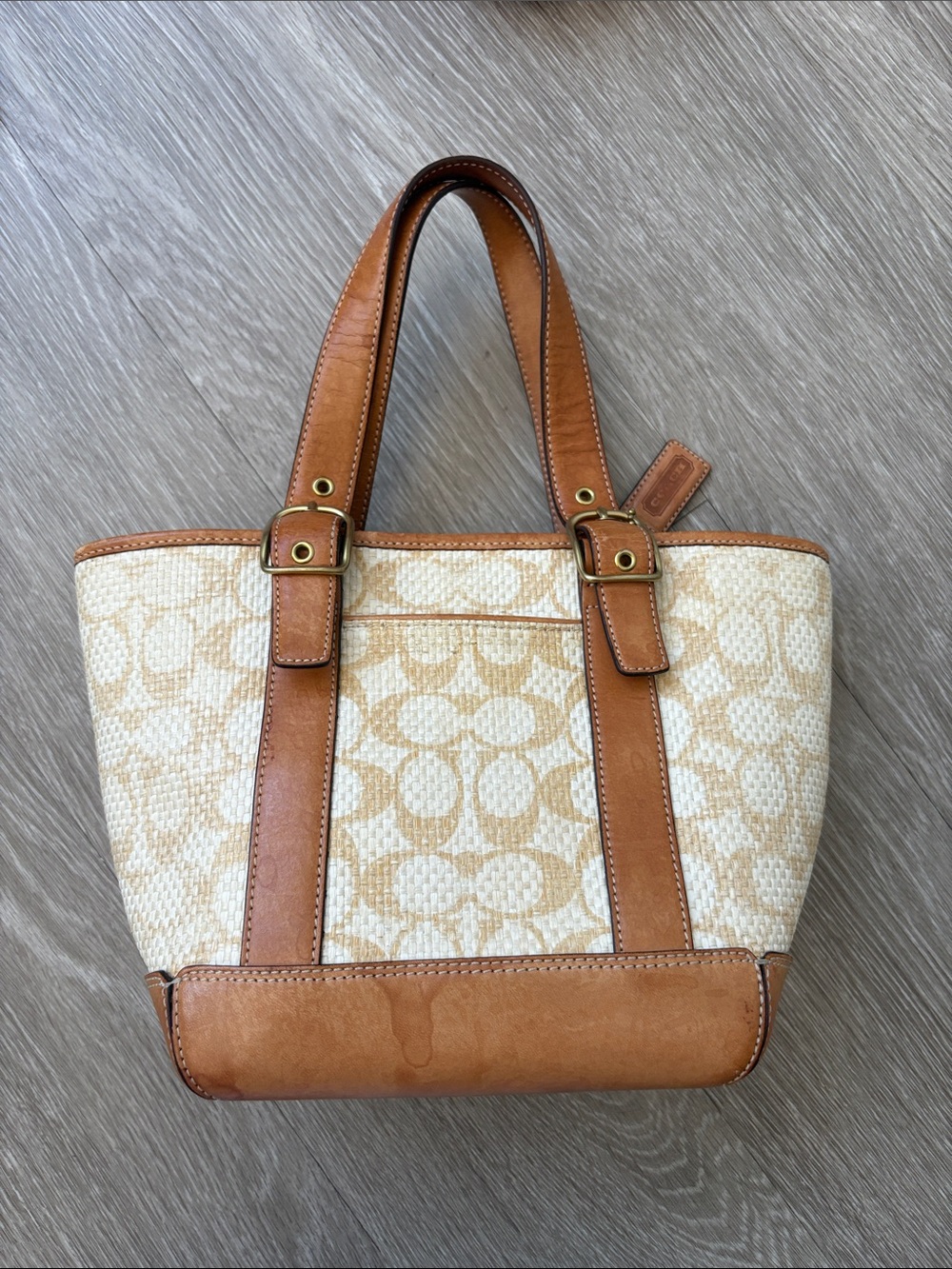 Coach Cream Signature Canvas Straw Tote with Tan Leather Trim